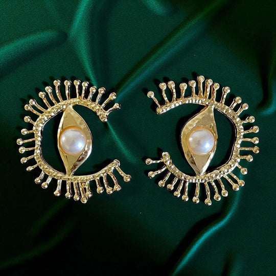 18K Gold Statement Earrings – Handmade Eye-Shaped Pearl Center Studs, 6cm