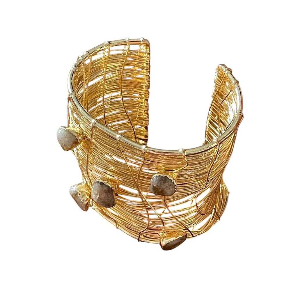 The Gilded Weaver Cuff: Wide Gold Wire-Wrapped Bangle with Raw Natural Stones