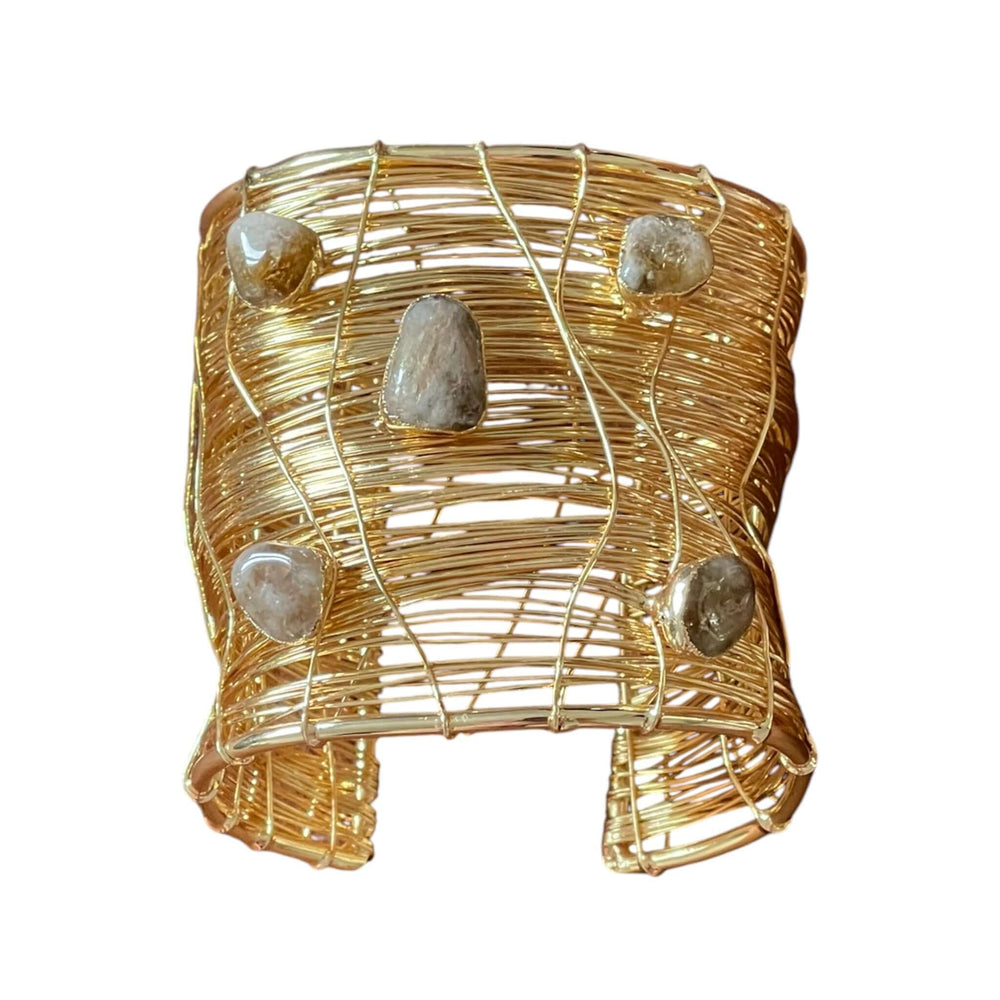 The Gilded Weaver Cuff: Wide Gold Wire-Wrapped Bangle with Raw Natural Stones