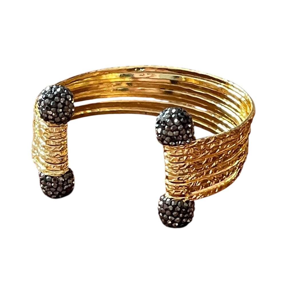 18k Gold Plated Textured Wire Cuff & Ring Set with Black Crystal Pavé Spheres