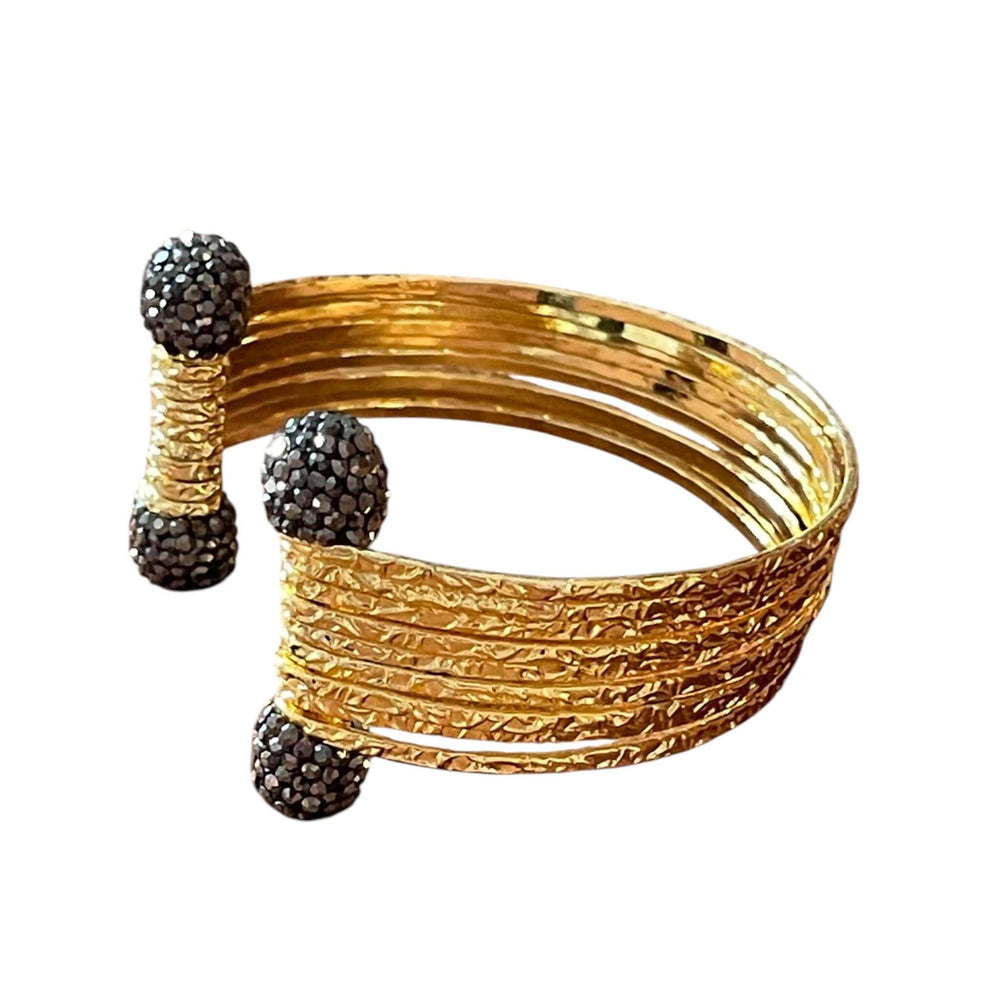 18k Gold Plated Textured Wire Cuff & Ring Set with Black Crystal Pavé Spheres