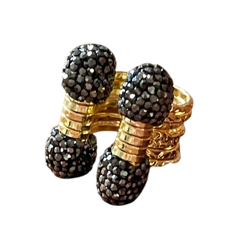 18k Gold Plated Textured Wire Cuff & Ring Set with Black Crystal Pavé Spheres