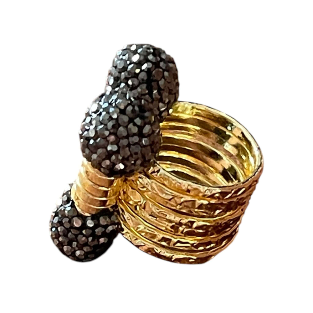 18k Gold Plated Textured Wire Cuff & Ring Set with Black Crystal Pavé Spheres