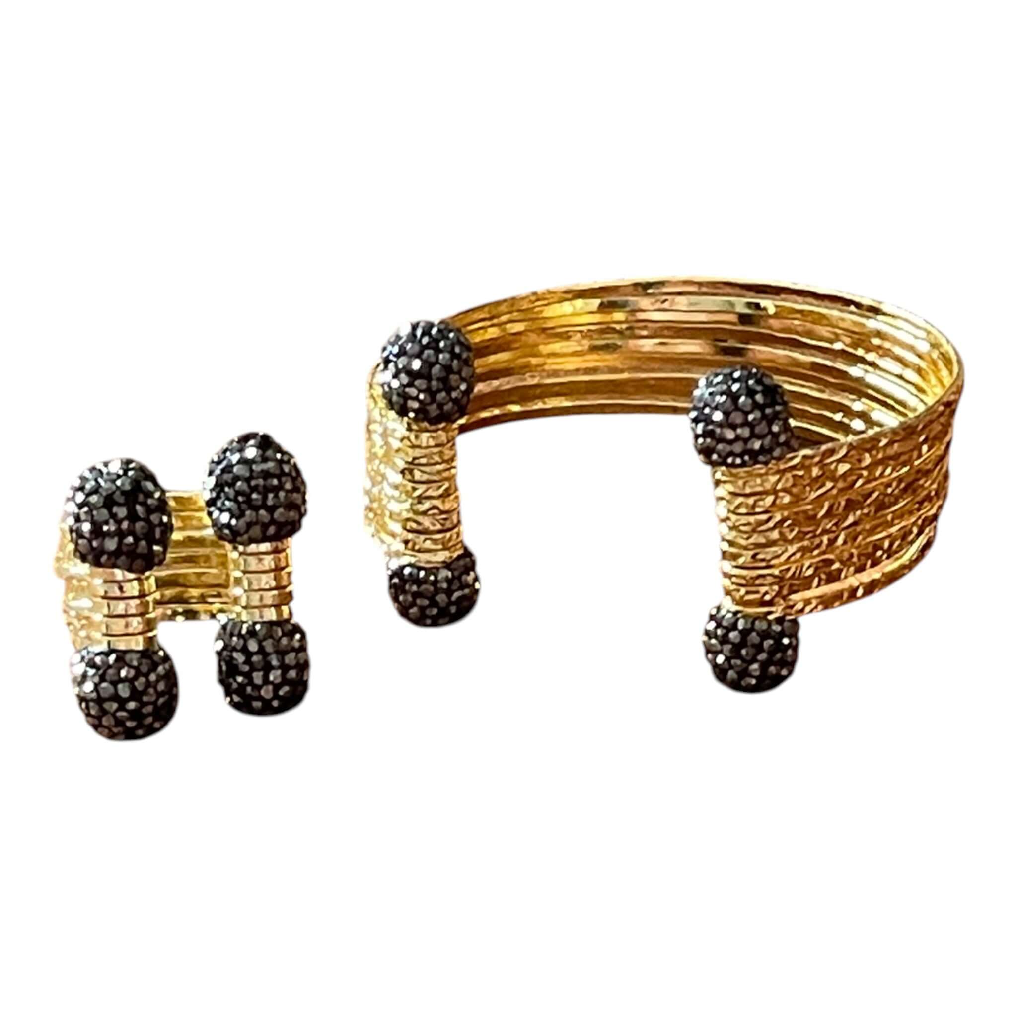 18k Gold Plated Textured Wire Cuff & Ring Set with Black Crystal Pavé Spheres