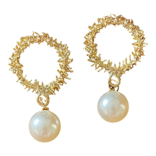 18K Gold Plated Coral Reef Pearl Drop Earrings, 5 cm