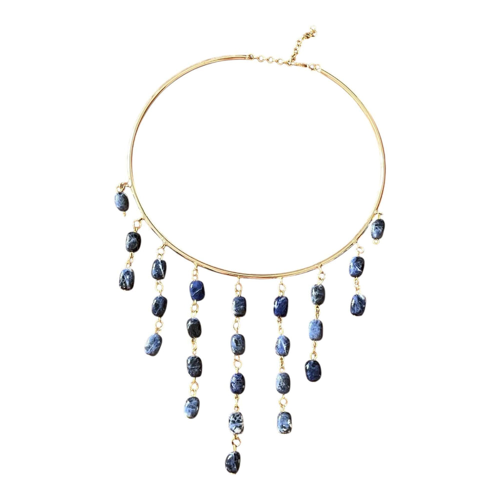 18k Gold Plated Choker Necklace with Sodalite Stone Drips – Blue Gemstone Fringe Collar
