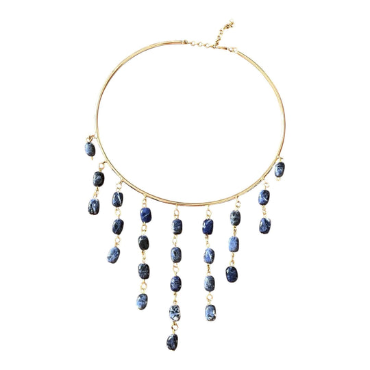 18k Vergulde Choker Ketting met Sodaliet Steen Druppels – Blauwe Edelsteen Franje Collier