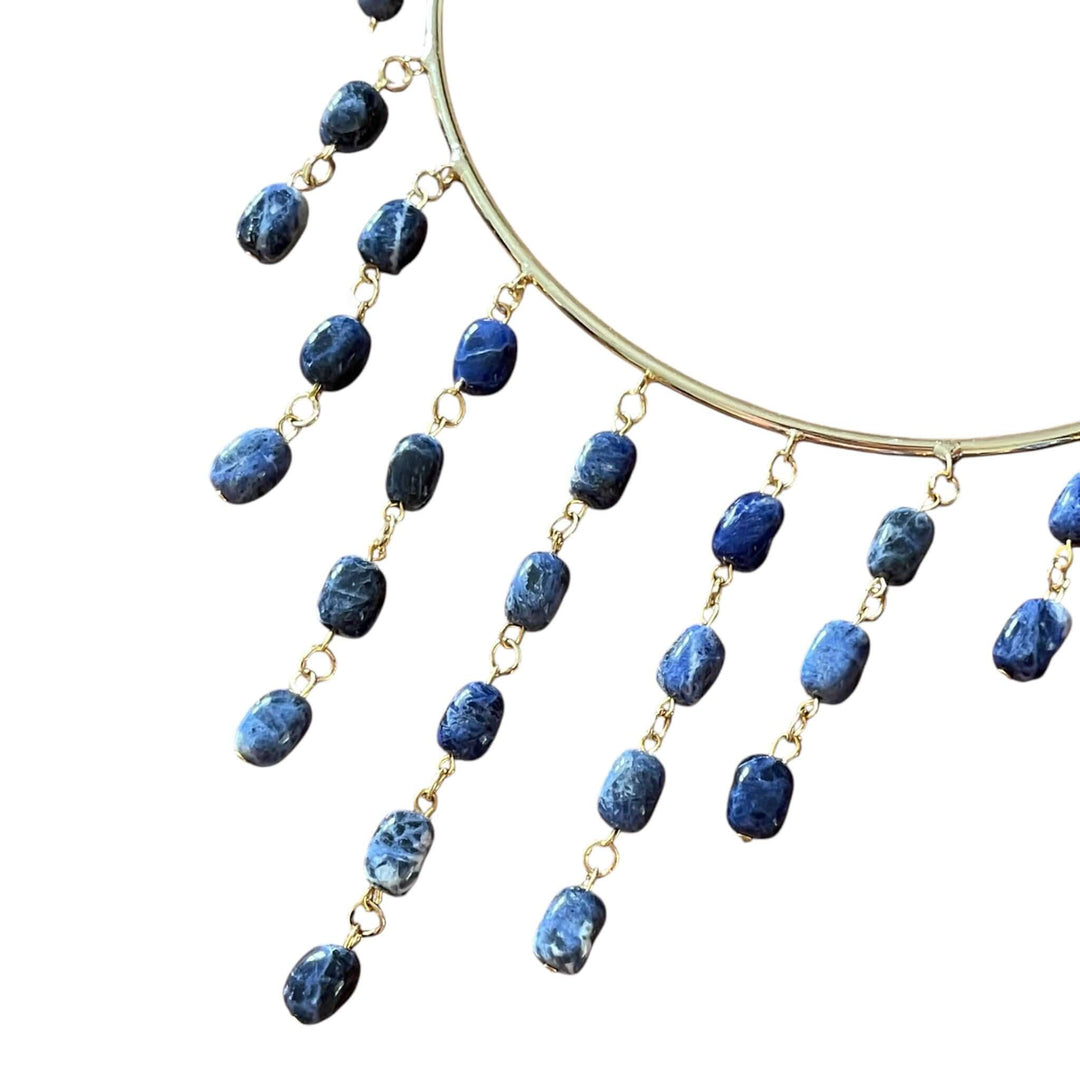 18k Vergulde Choker Ketting met Sodaliet Steen Druppels – Blauwe Edelsteen Franje Collier
