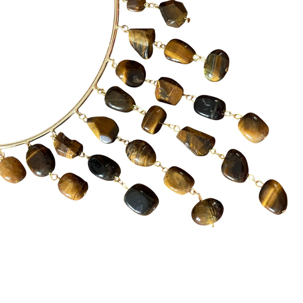 18K Gold Plated Tiger’s Eye Fringe Collar Choker Necklace