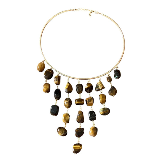 18K Gold Plated Tiger’s Eye Fringe Collar Choker Necklace