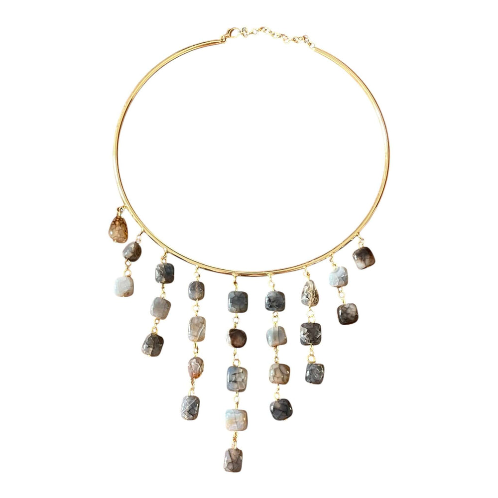 18K Gold Plated Wire Collar Necklace with Cascading Grey & Earth Tone Beaded Fringe Boho Statement