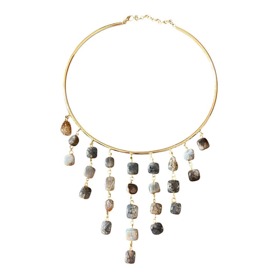 18K Gold Plated Wire Collar Necklace with Cascading Grey & Earth Tone Beaded Fringe Boho Statement