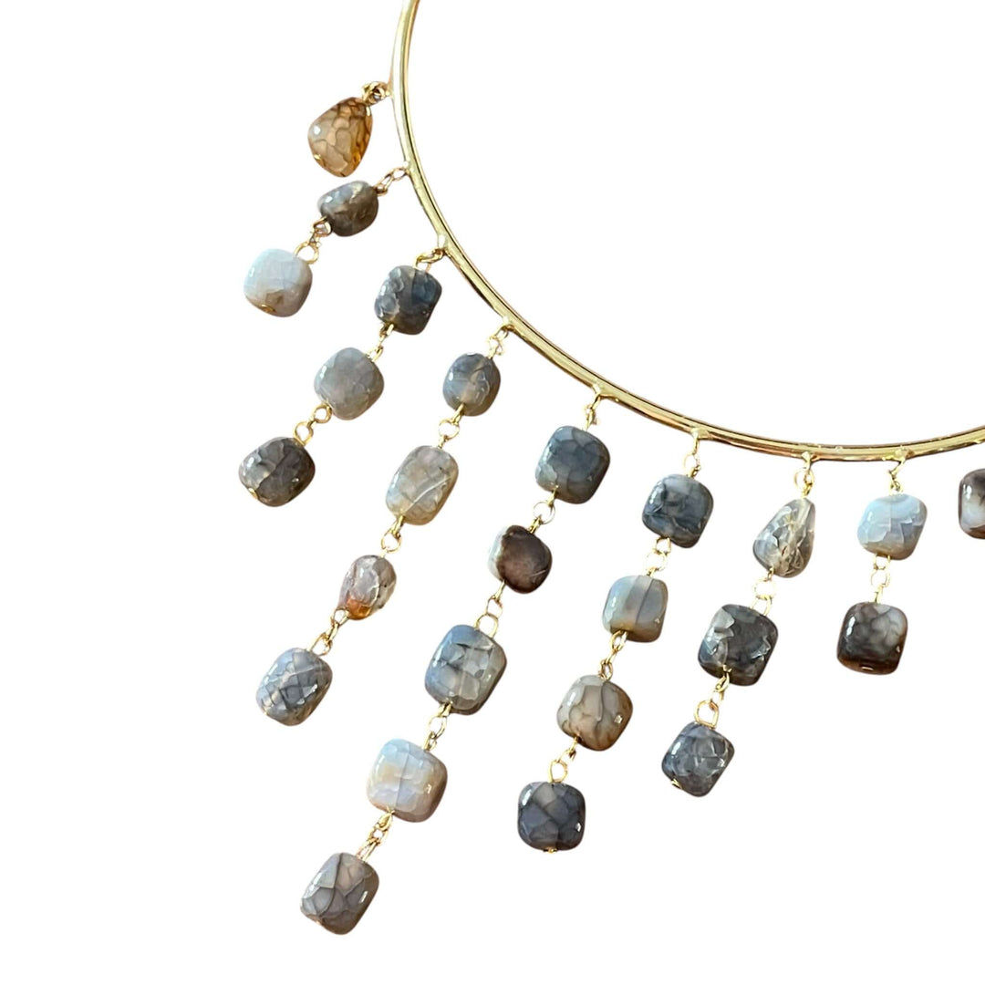 18K Gold Plated Wire Collar Necklace with Cascading Grey & Earth Tone Beaded Fringe Boho Statement