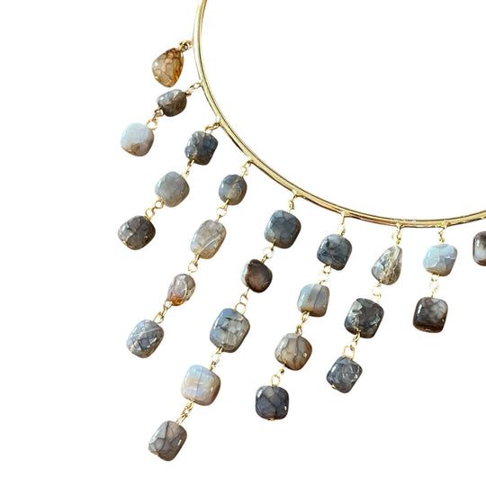 18K Gold Plated Wire Collar Necklace with Cascading Grey & Earth Tone Beaded Fringe Boho Statement