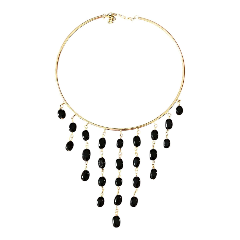 18k Gold Plated Black Onyx Fringe Choker – Statement Waterfall Collar Necklace