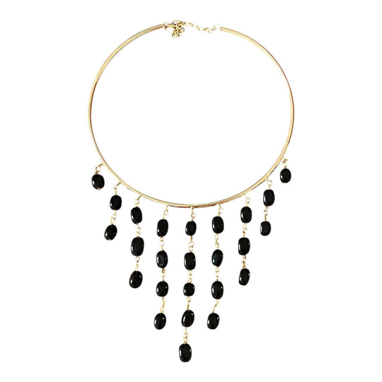 18k Gold Plated Black Onyx Fringe Choker – Statement Waterfall Collar Necklace