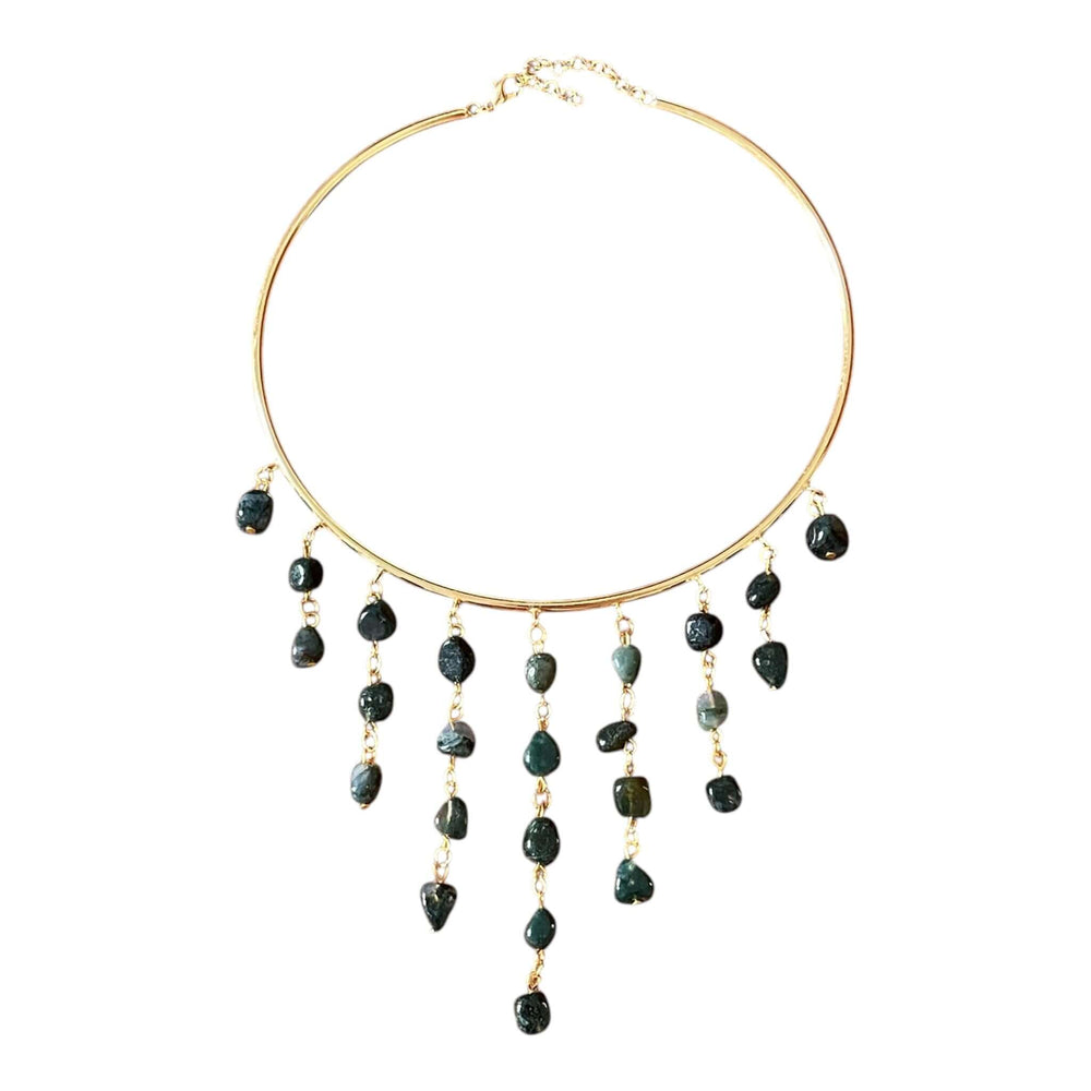 18K Gold Plated Wire Collar Choker with Cascading organic Dark Green Gemstone Tumbled Stone Fringe