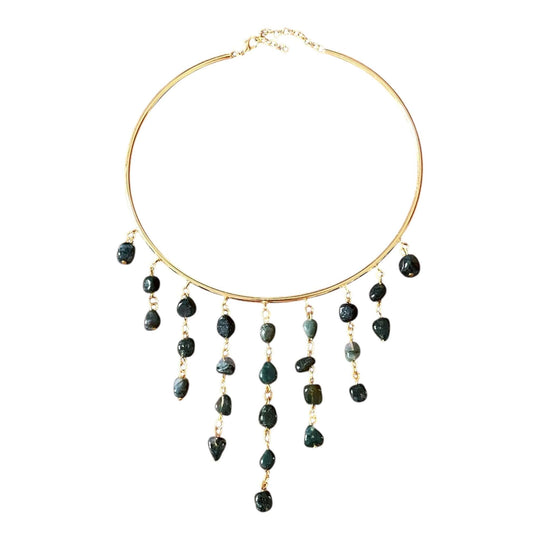 18K Gold Plated Wire Collar Choker with Cascading organic Dark Green Gemstone Tumbled Stone Fringe