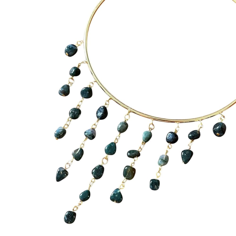 18K Gold Plated Wire Collar Choker with Cascading organic Dark Green Gemstone Tumbled Stone Fringe