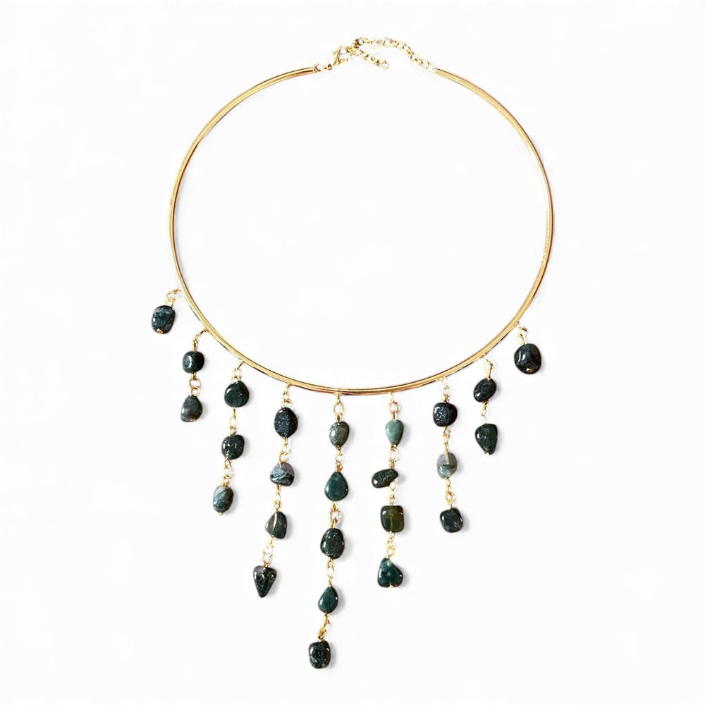 18K Gold Plated Wire Collar Choker with Cascading organic Dark Green Gemstone Tumbled Stone Fringe