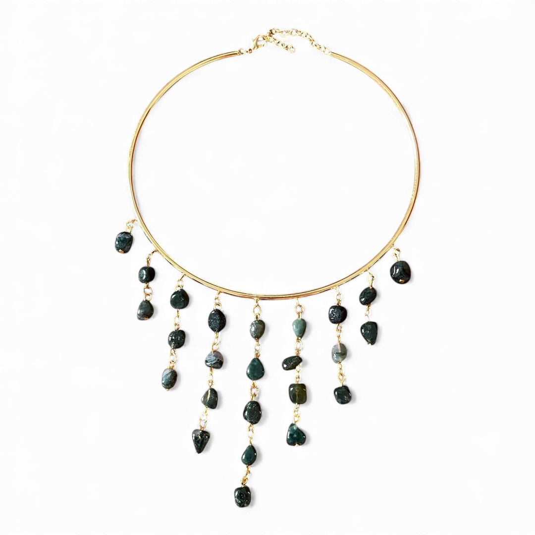 18K Gold Plated Wire Collar Choker with Cascading organic Dark Green Gemstone Tumbled Stone Fringe