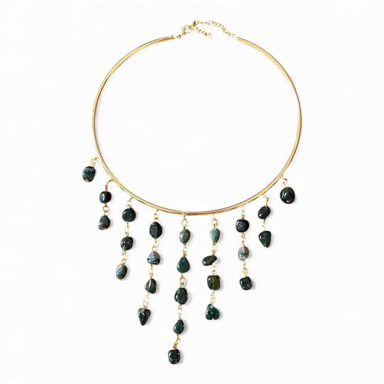 18K Gold Plated Wire Collar Choker with Cascading organic Dark Green Gemstone Tumbled Stone Fringe