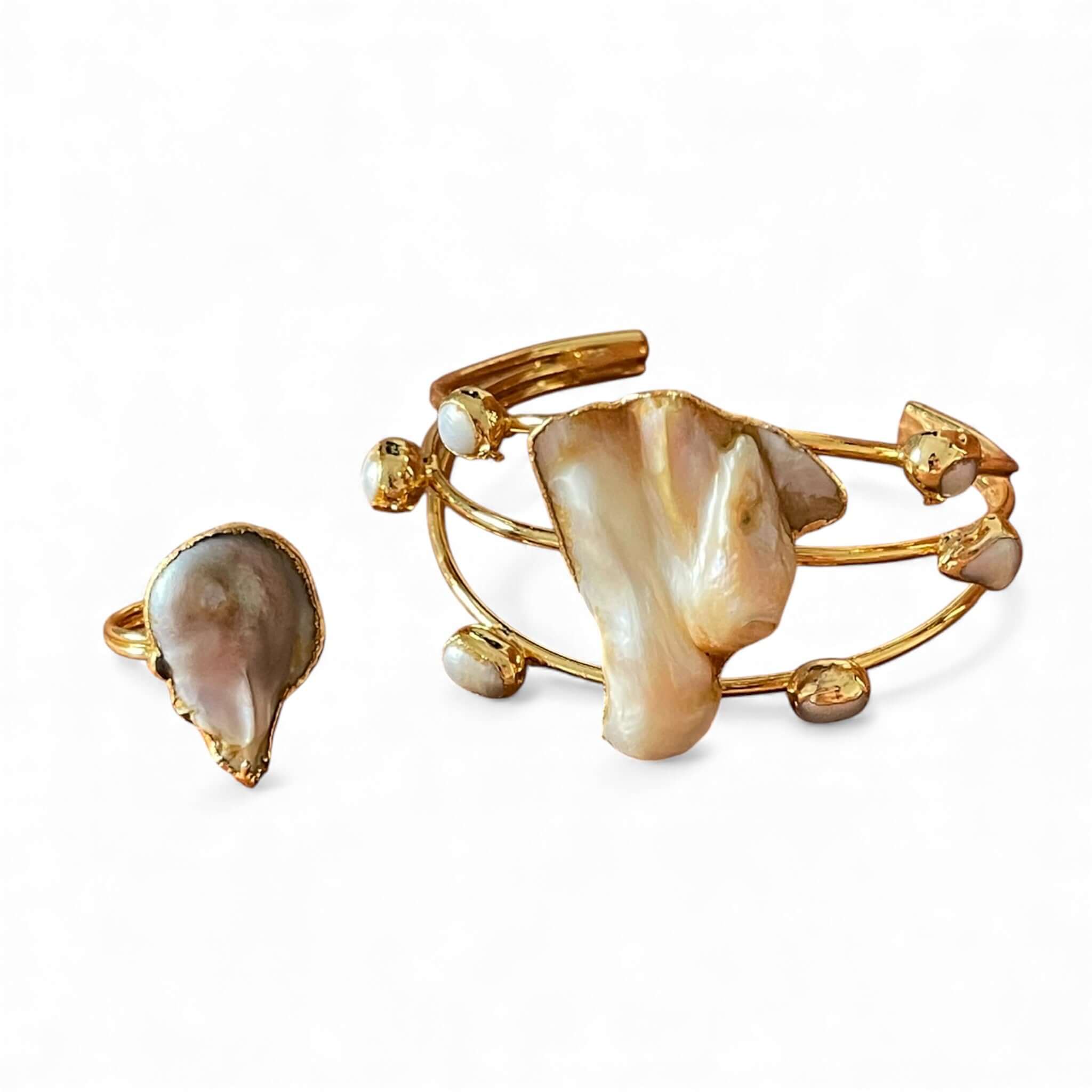 18K Gold Plated Baroque Pearl Statement Cuff & Ring Set
