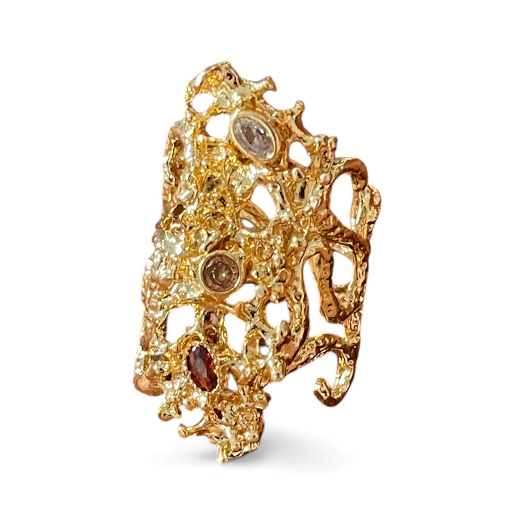 18K Gold Plated Sculptural Adjustable Statement Ring, Textured Molten Design with Gemstone Accents