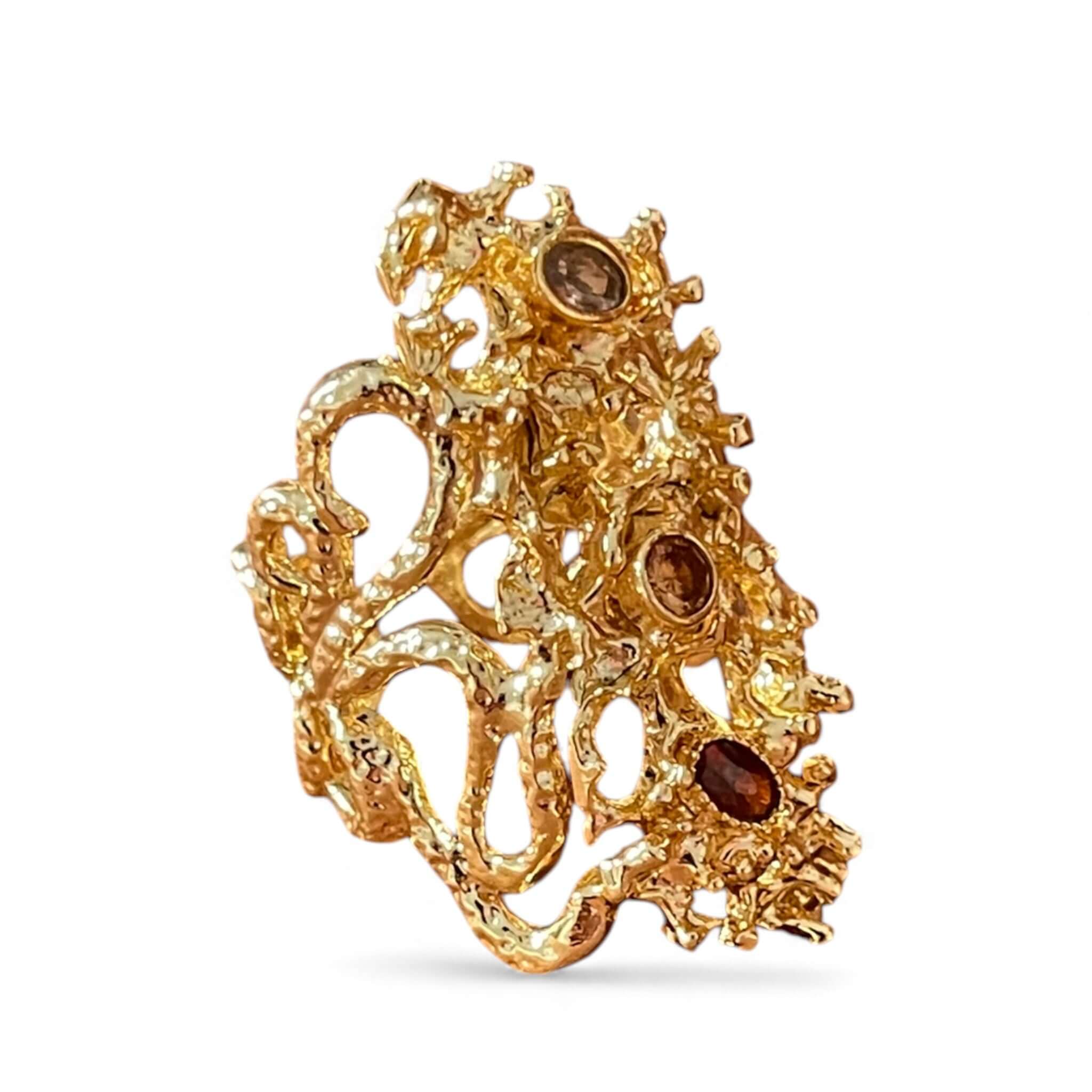 18K Gold Plated Sculptural Adjustable Statement Ring, Textured Molten Design with Gemstone Accents