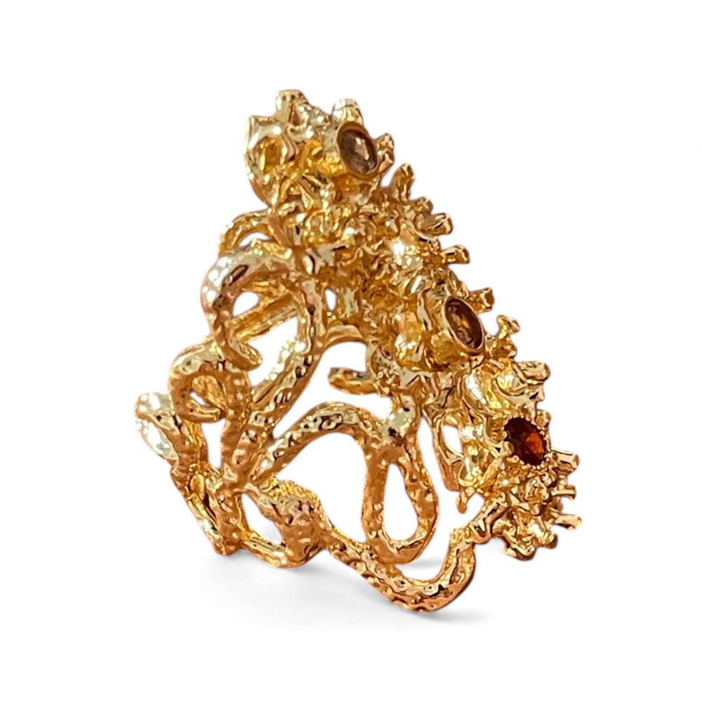18K Gold Plated Sculptural Adjustable Statement Ring, Textured Molten Design with Gemstone Accents