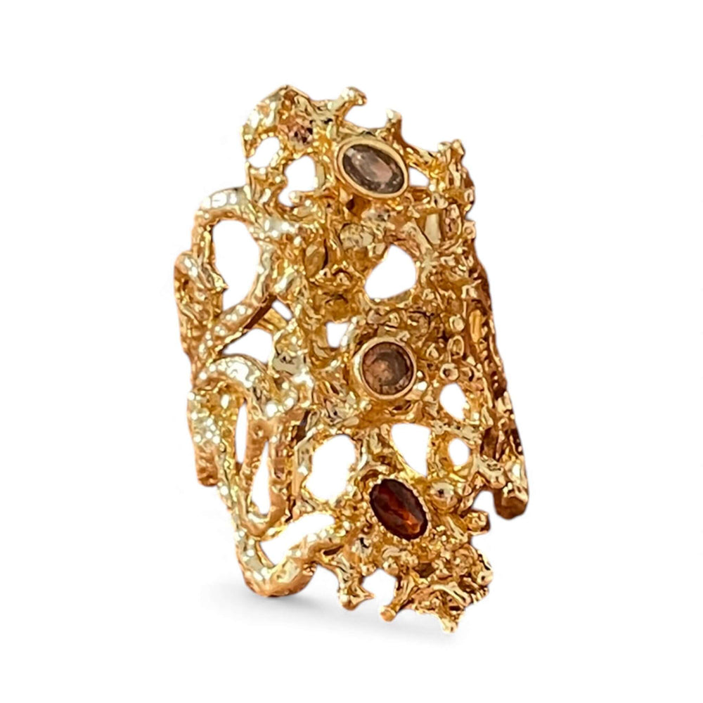 18K Gold Plated Sculptural Adjustable Statement Ring, Textured Molten Design with Gemstone Accents