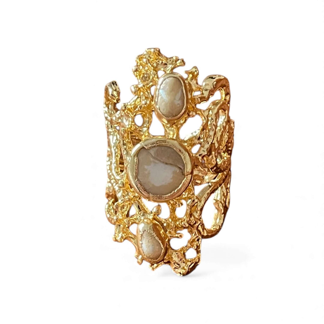 18K Vergulde Organische Parel Statement Ring | Gesmolten Textuur & Verstelbare Band