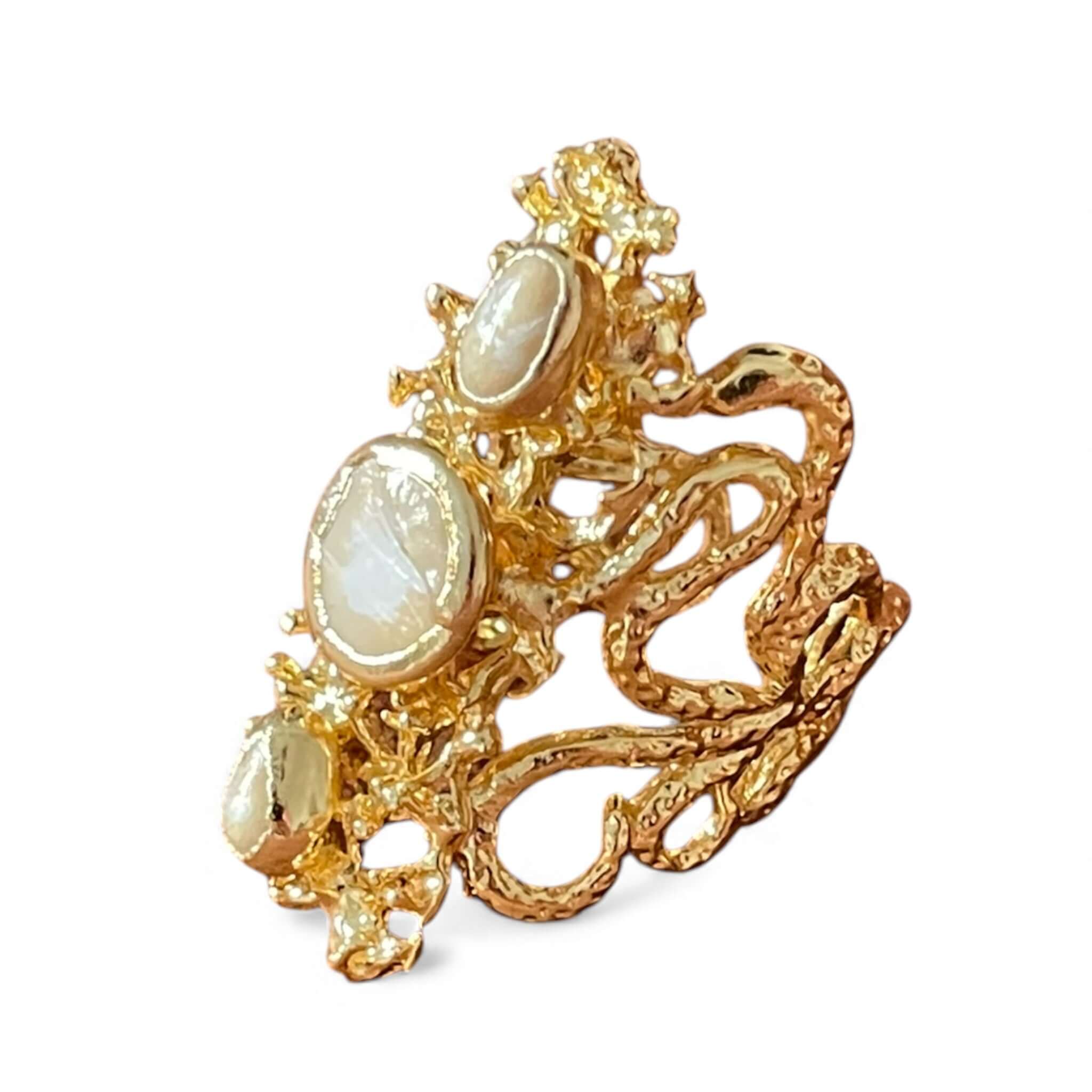 18K Gold Plated Organic Pearl Statement Ring | Molten Texture & Adjustable Band