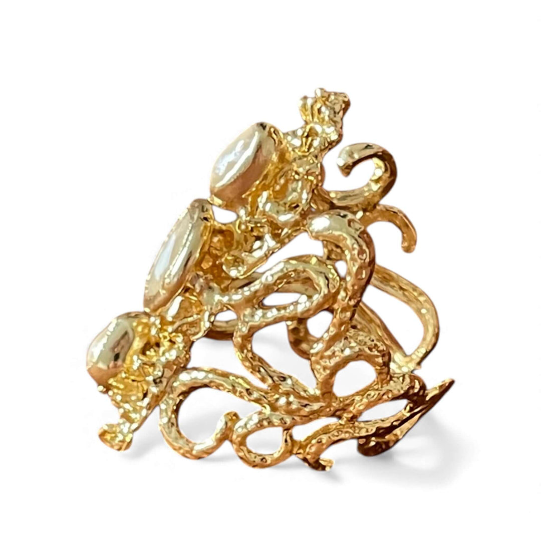 18K Vergulde Organische Parel Statement Ring | Gesmolten Textuur & Verstelbare Band