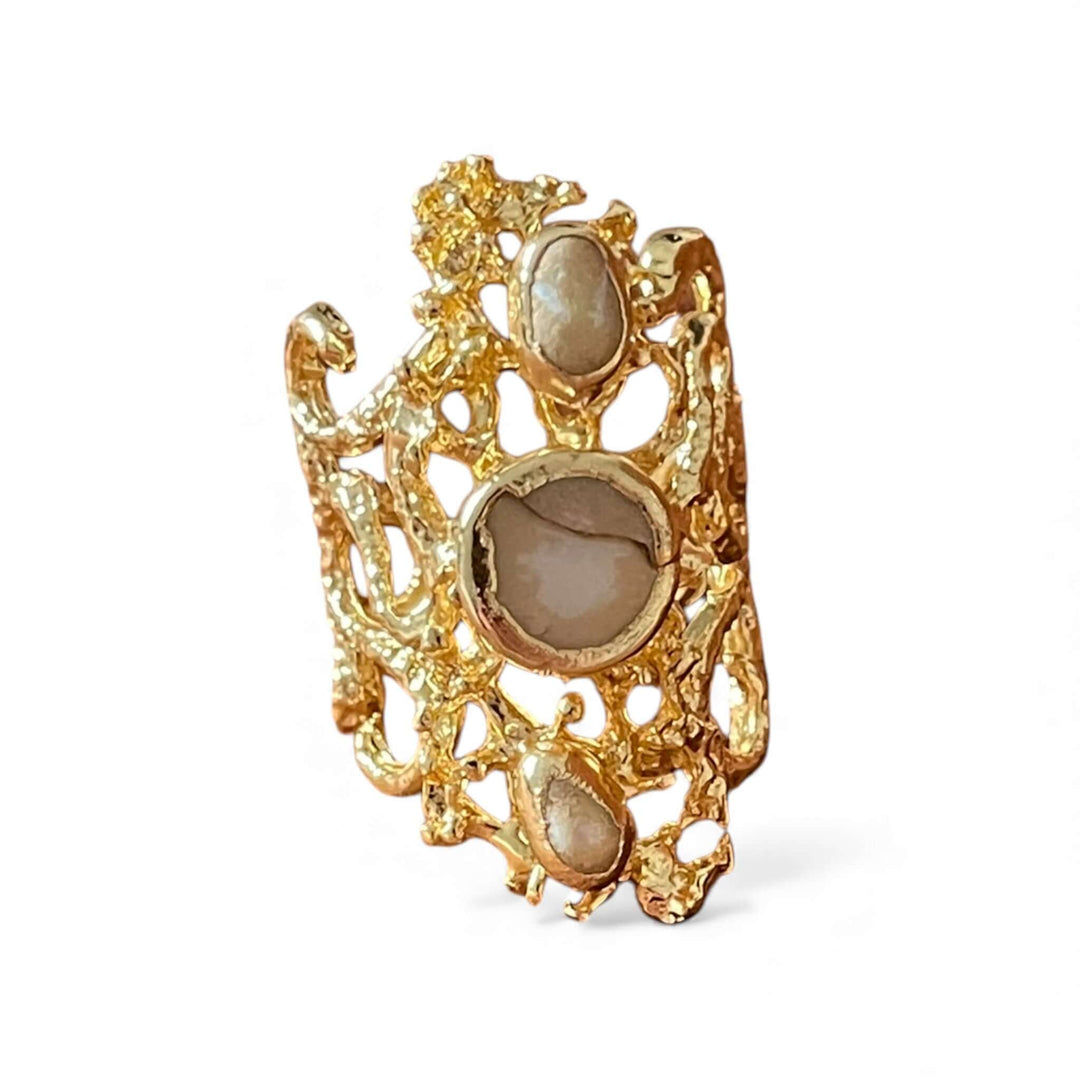 18K Vergulde Organische Parel Statement Ring | Gesmolten Textuur & Verstelbare Band