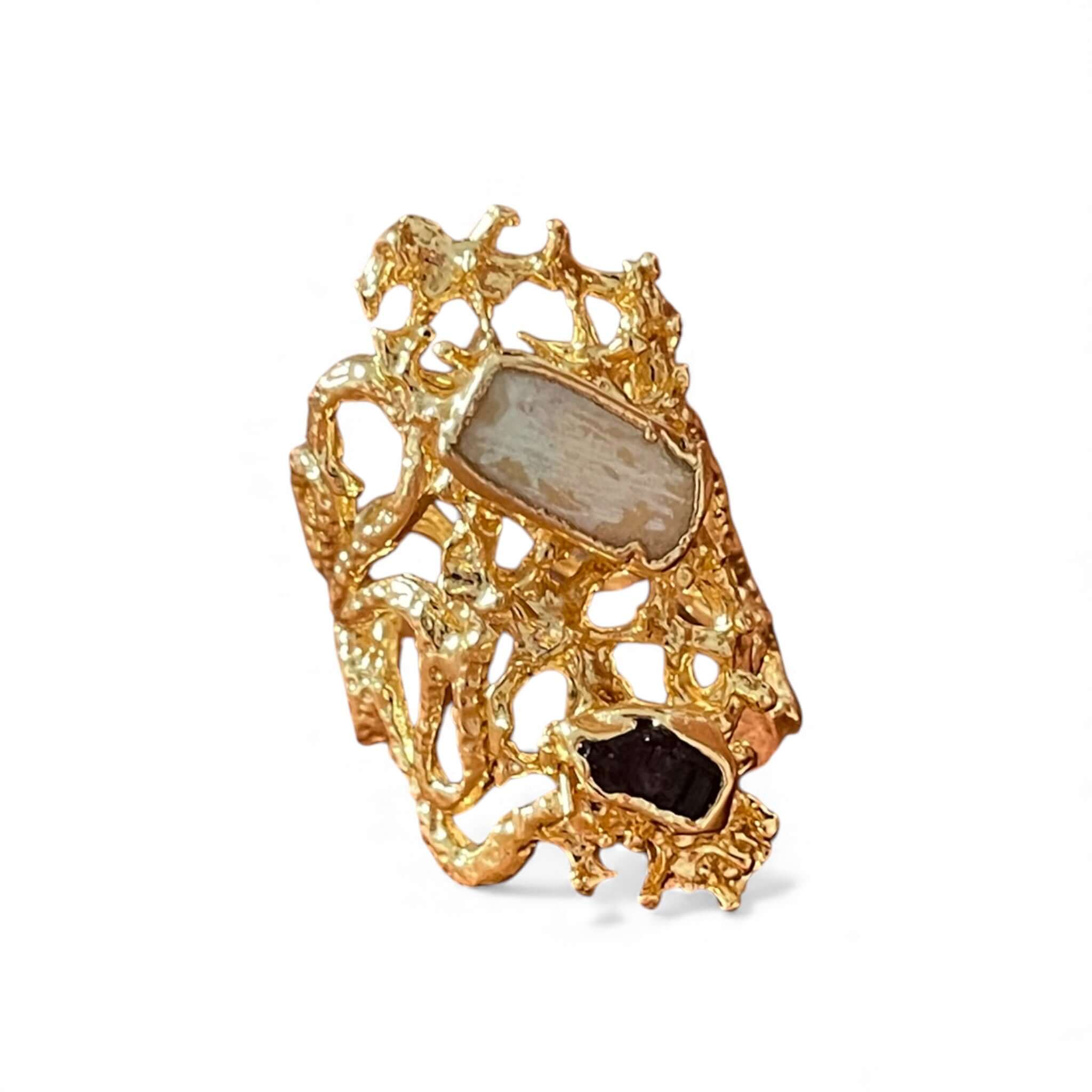 18K Gold Plated Geometric Stone Statement Ring, Adjustable Molten Design with Raw Crystals