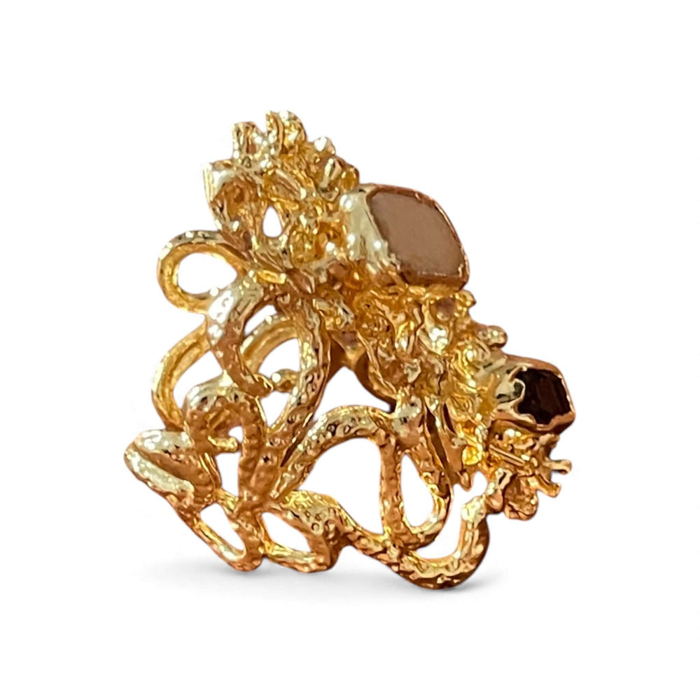 18K Gold Plated Geometric Stone Statement Ring, Adjustable Molten Design with Raw Crystals