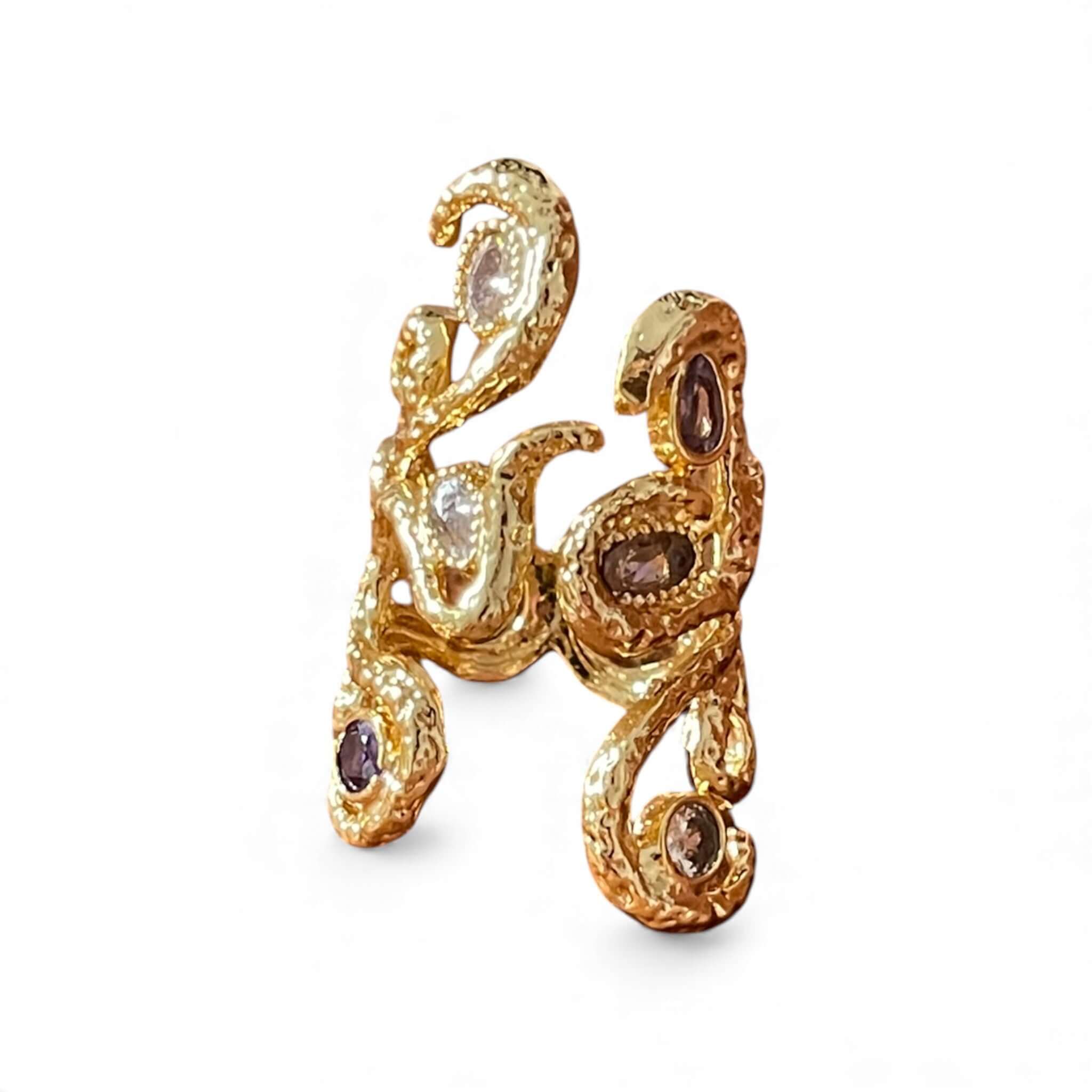 18K Gold Plated Swirling Vine Ring , Adjustable Statement with Amethyst-Hued Crystals