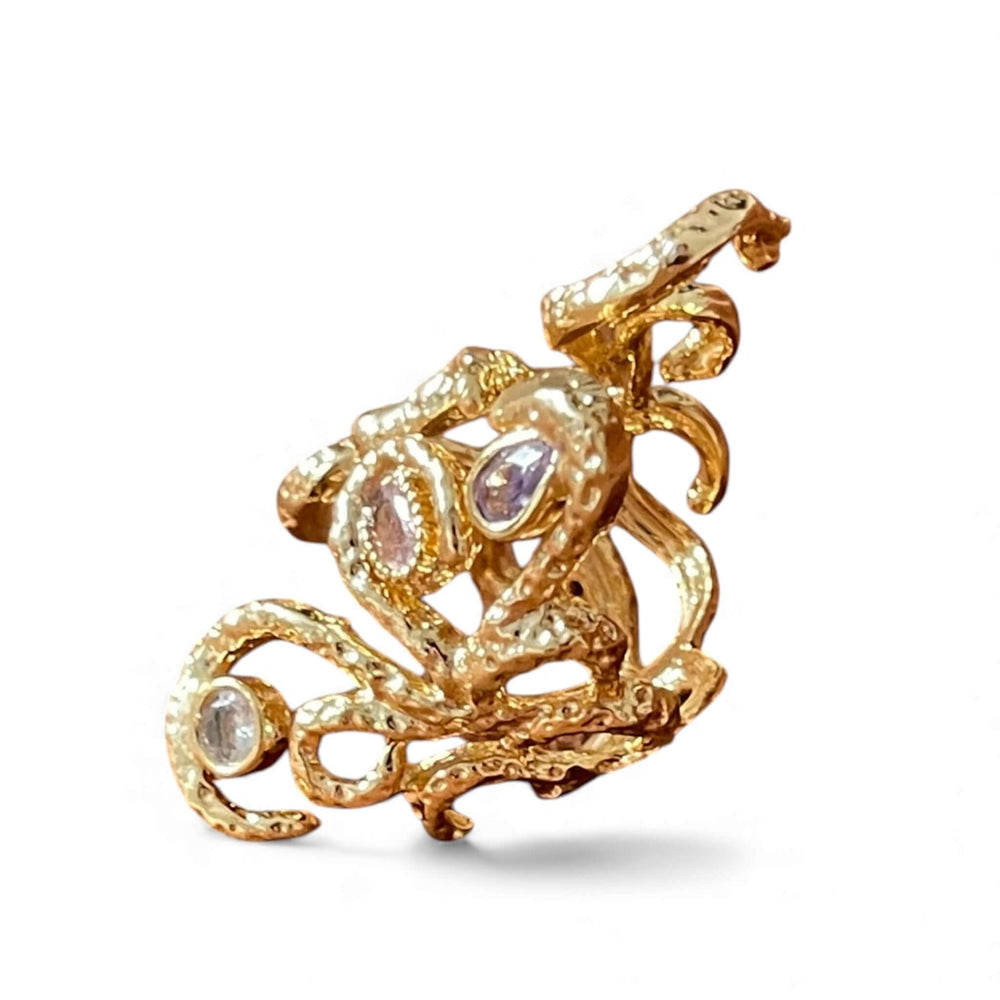 18K Gold Plated Swirling Vine Ring , Adjustable Statement with Amethyst-Hued Crystals