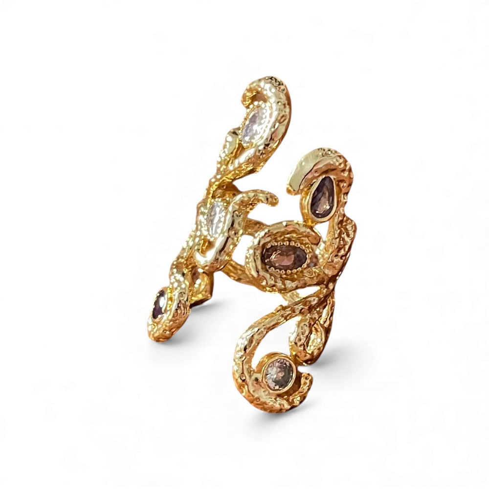 18K Gold Plated Swirling Vine Ring , Adjustable Statement with Amethyst-Hued Crystals