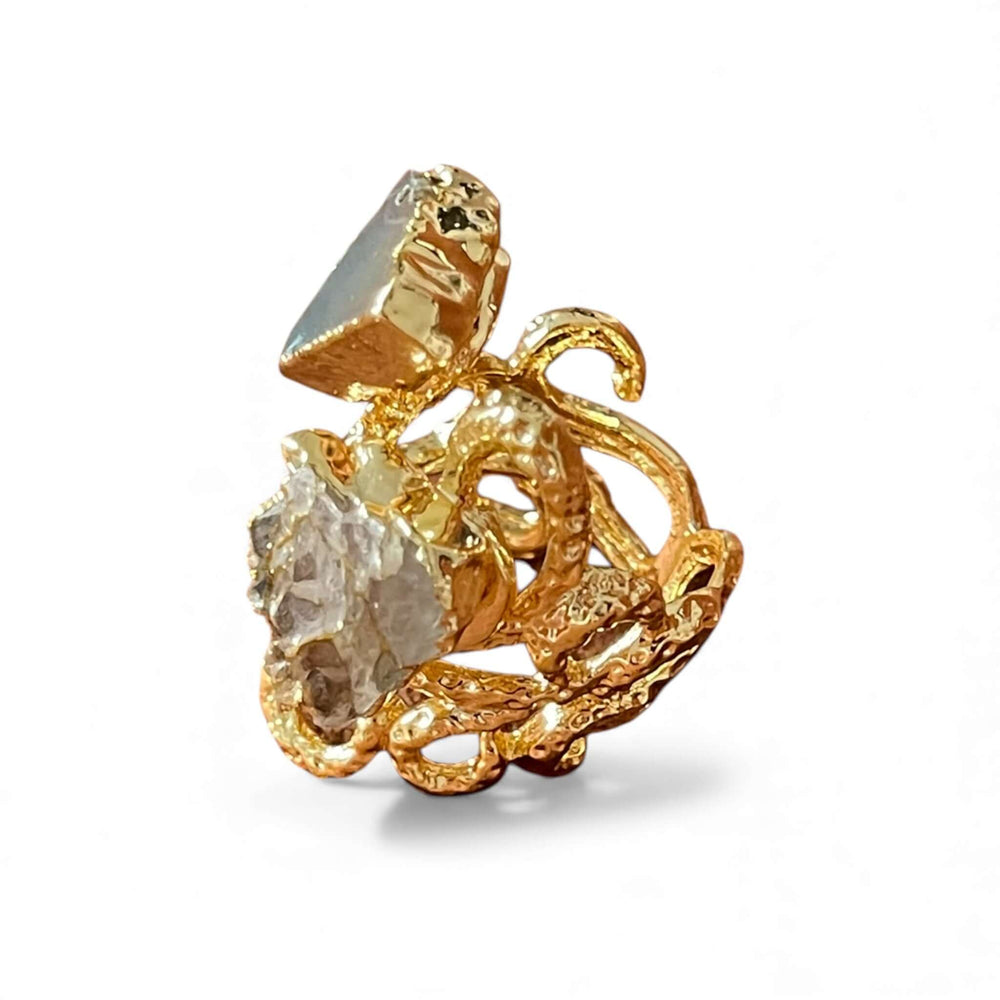 18K Gold Plated Raw Stone Duo Ring, Adjustable Band with Black Onyx & Clear Crystal