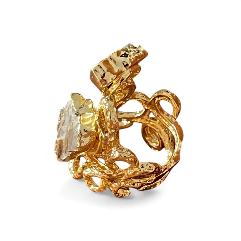 18K Gold Plated Raw Stone Duo Ring, Adjustable Band with Black Onyx & Clear Crystal