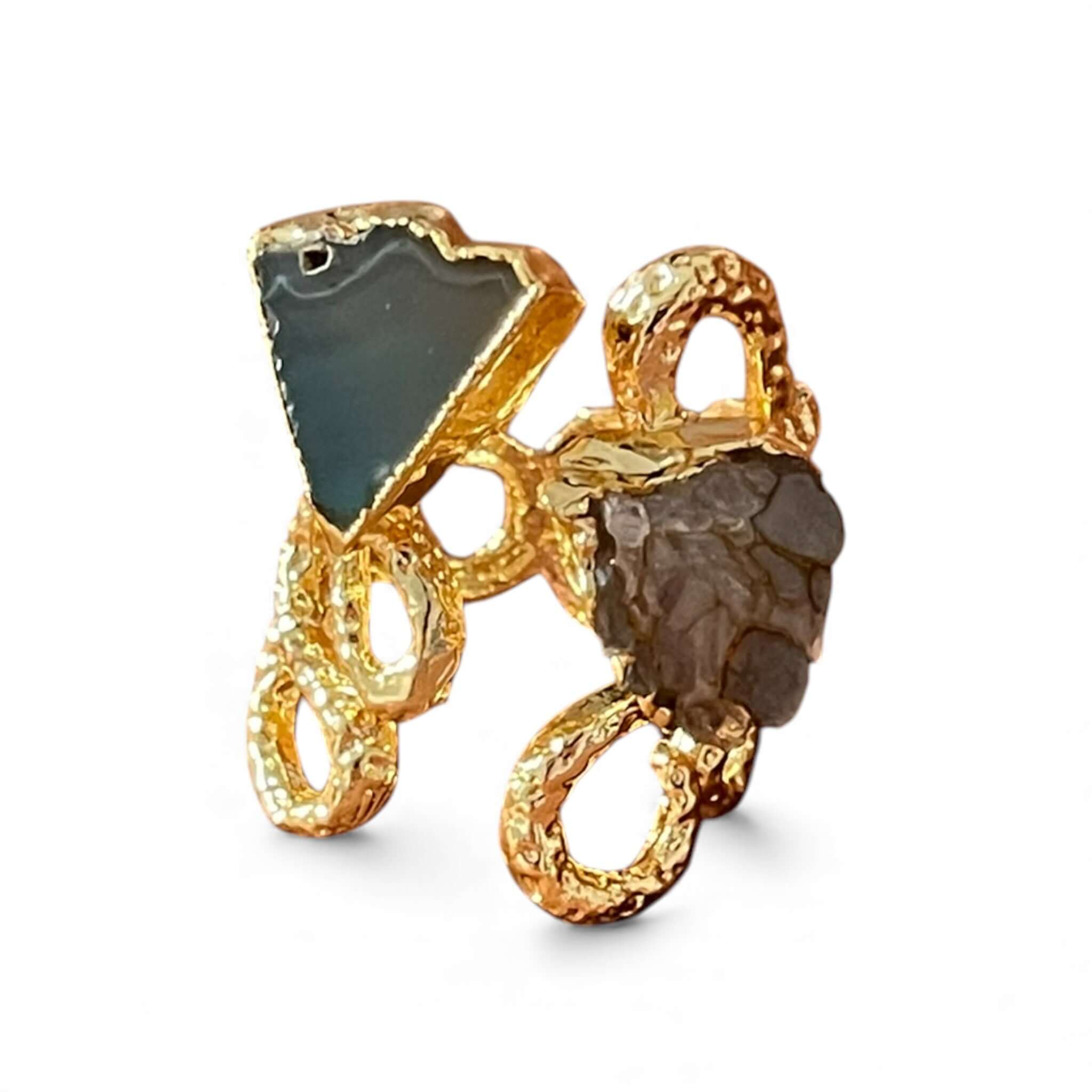 18K Gold Plated Raw Stone Duo Ring, Adjustable Band with Black Onyx & Clear Crystal