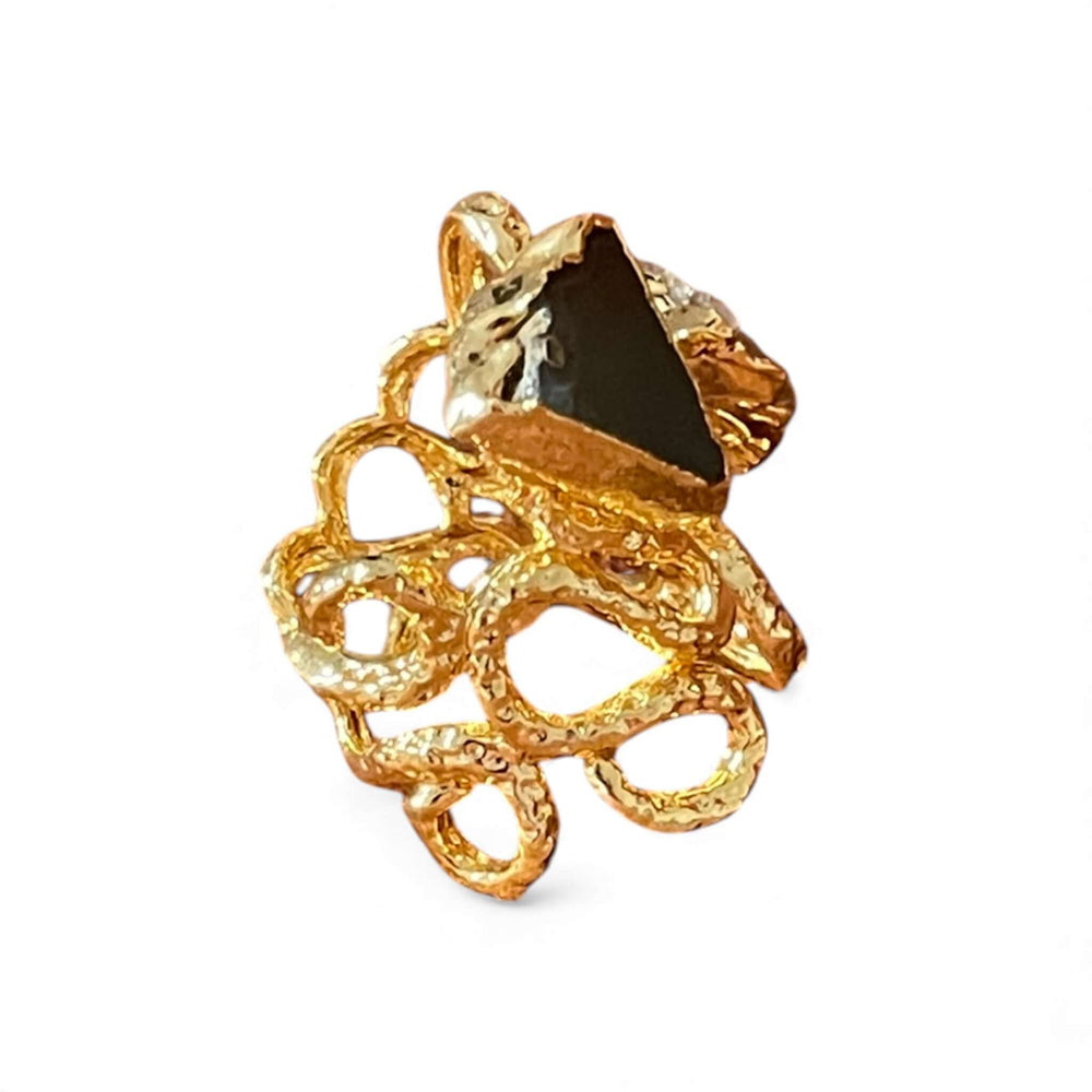 18K Gold Plated Raw Stone Duo Ring, Adjustable Band with Black Onyx & Clear Crystal