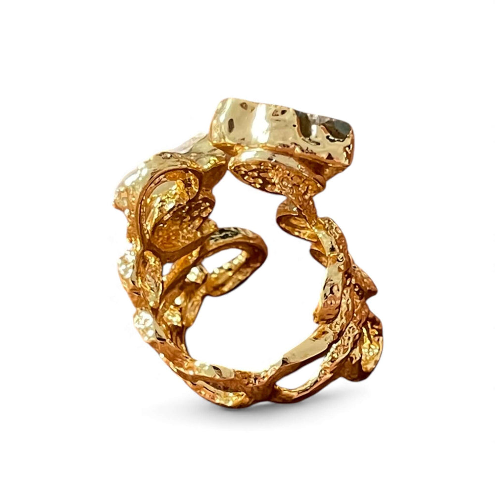 18K Gold Plated Raw Stone Duo Ring, Adjustable Band with Black Onyx & Clear Crystal