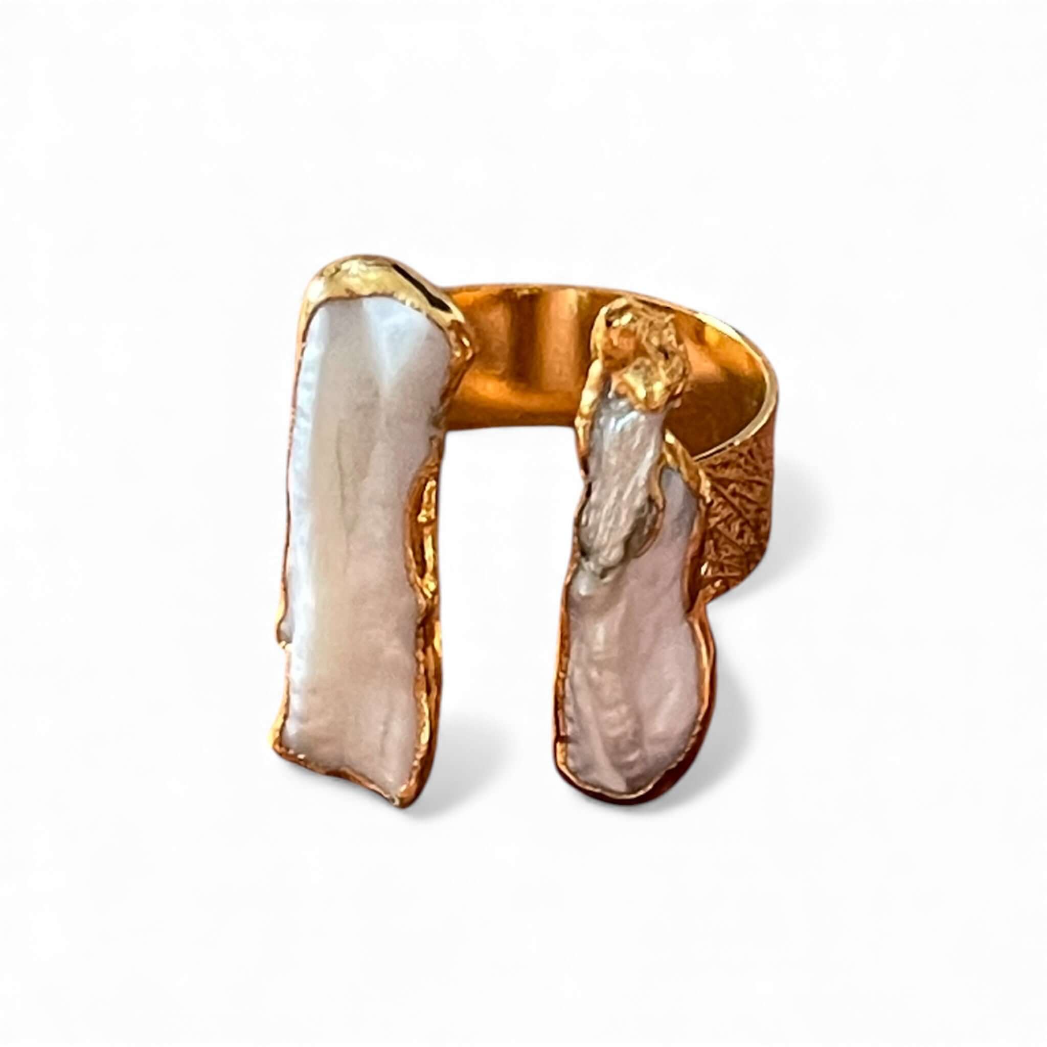 18K Gold Plated Double Bar Pearl Ring, Adjustable Open Cuff with Textured Band