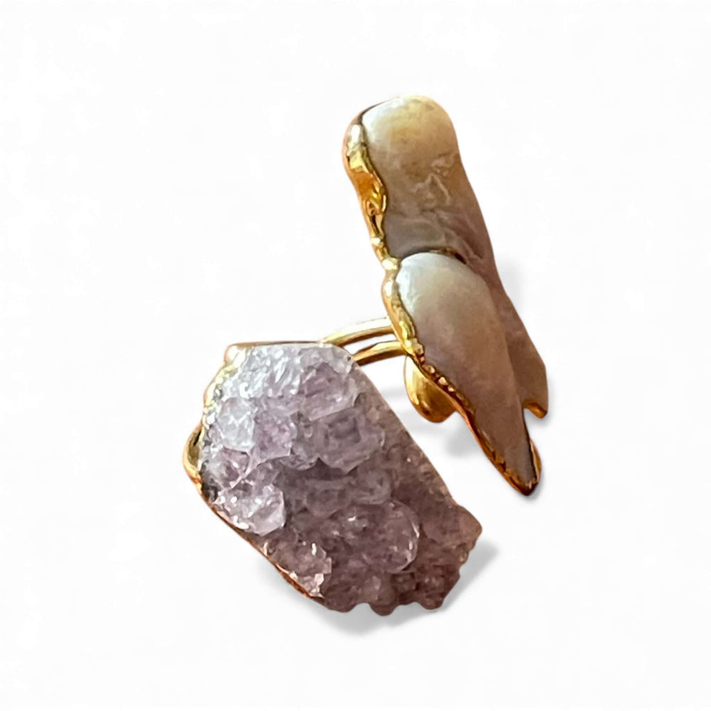 18k Gold Plated Raw Amethyst & Baroque Pearl Open Ring | Adjustable Toi et Moi Cuff