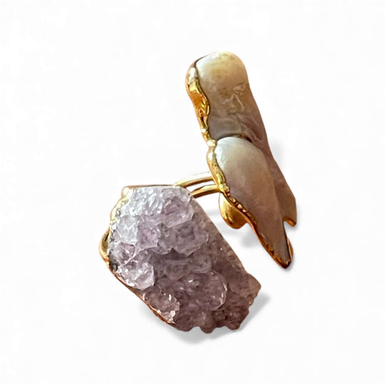 18k Gold Plated Raw Amethyst & Baroque Pearl Open Ring | Adjustable Toi et Moi Cuff
