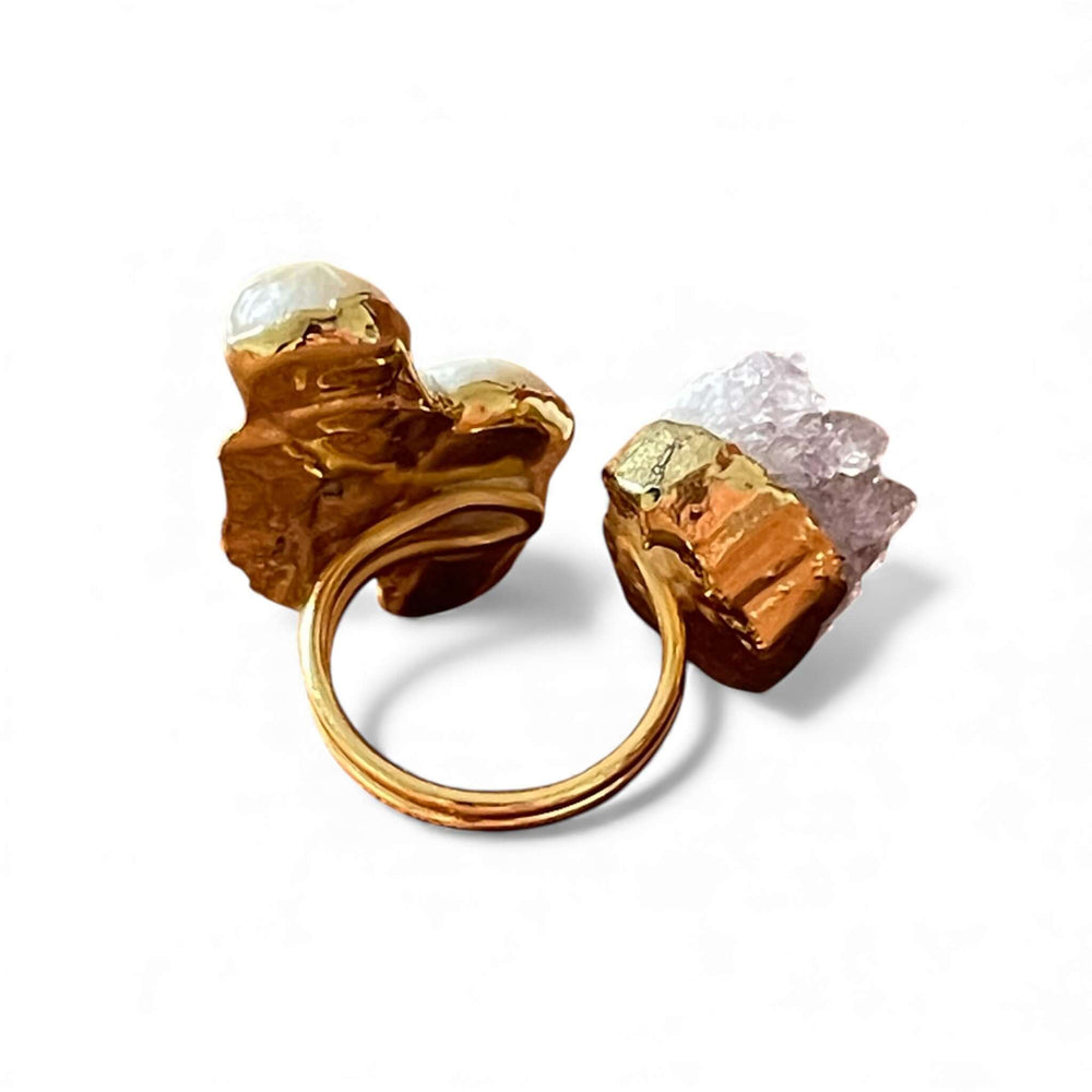 18k Gold Plated Raw Amethyst & Baroque Pearl Open Ring | Adjustable Toi et Moi Cuff