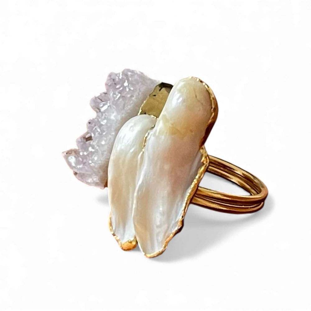 18k Gold Plated Raw Amethyst & Baroque Pearl Open Ring | Adjustable Toi et Moi Cuff
